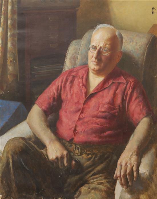 Oil on canvas, Portrait of Ernest Hoyle MBE, 91 x 71cm, unframed